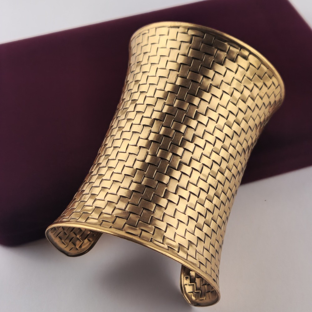 Gold Tone Extra Wide Textured Statement Cuff Bracelet Woven Boho Chic